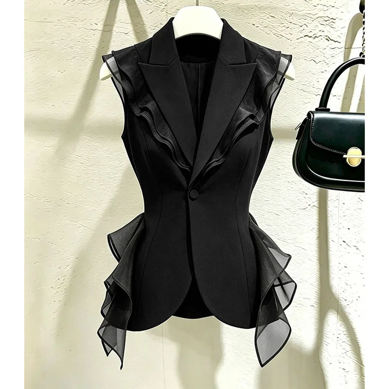 2026 Summer Black Vest Temperament Light Luxury High Sense Black Ruffle Top Fashion Foreign Fashion