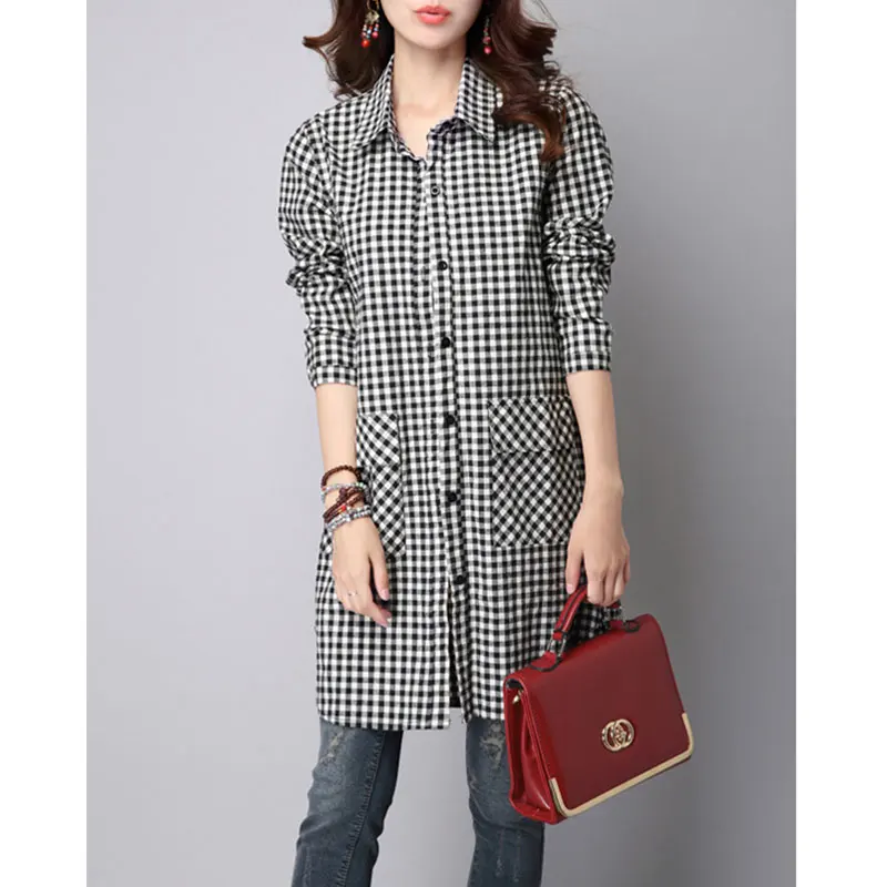 Women\'s Autumn Fashion Simplicity Plaid Medium to Long Length Shirt Women Clothes Temperament All-match Casual Loose Tops