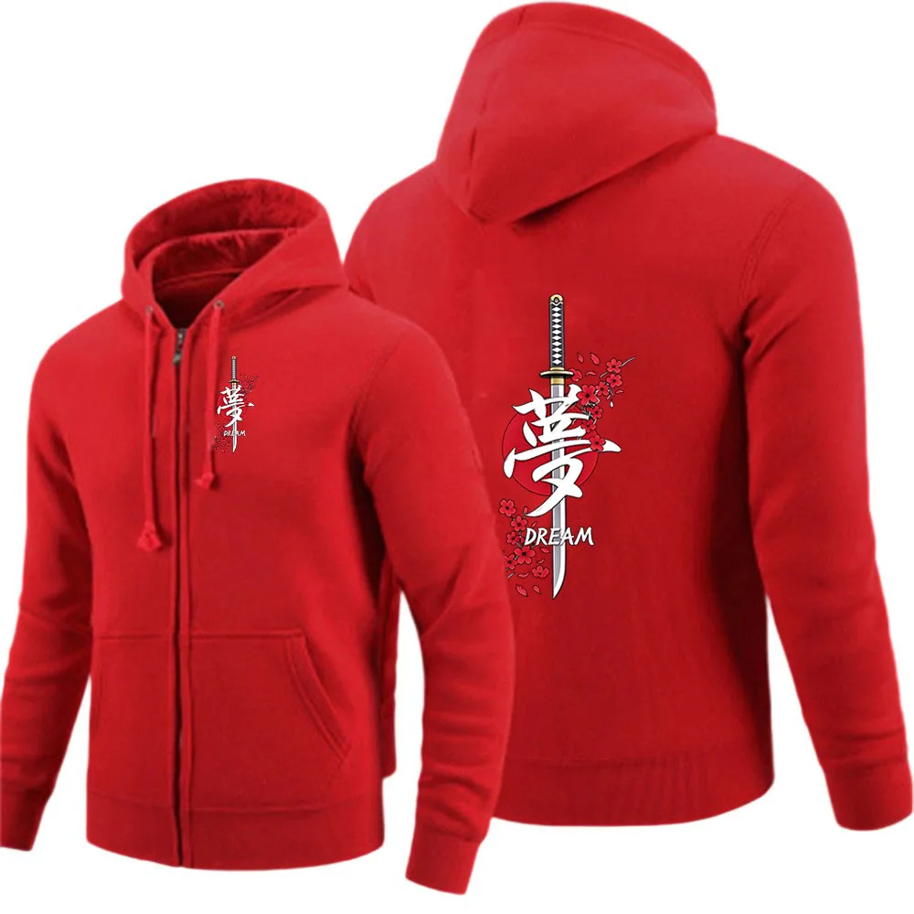 Samurai Sword Cherry Blossom Letter Logo Men's Hoodie Cable Knit Pattern Hooded Sweatshirt Full Zipper Jacket CuffCasual