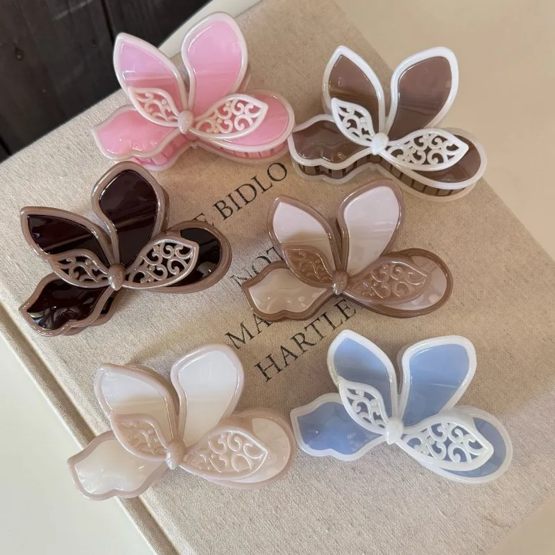 Textured Cut Out Ribbon Bows Hair Clip Fresh Contrast Color Women Hair Shark Clip Hair Accessories