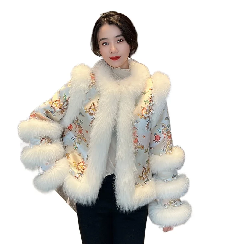 Faux Fox Fur Coat Women Short Fashionable Youthful Embroidered Tang Suit Luxury Fuzzy Outerwear, Winter, New Design Style, 2024