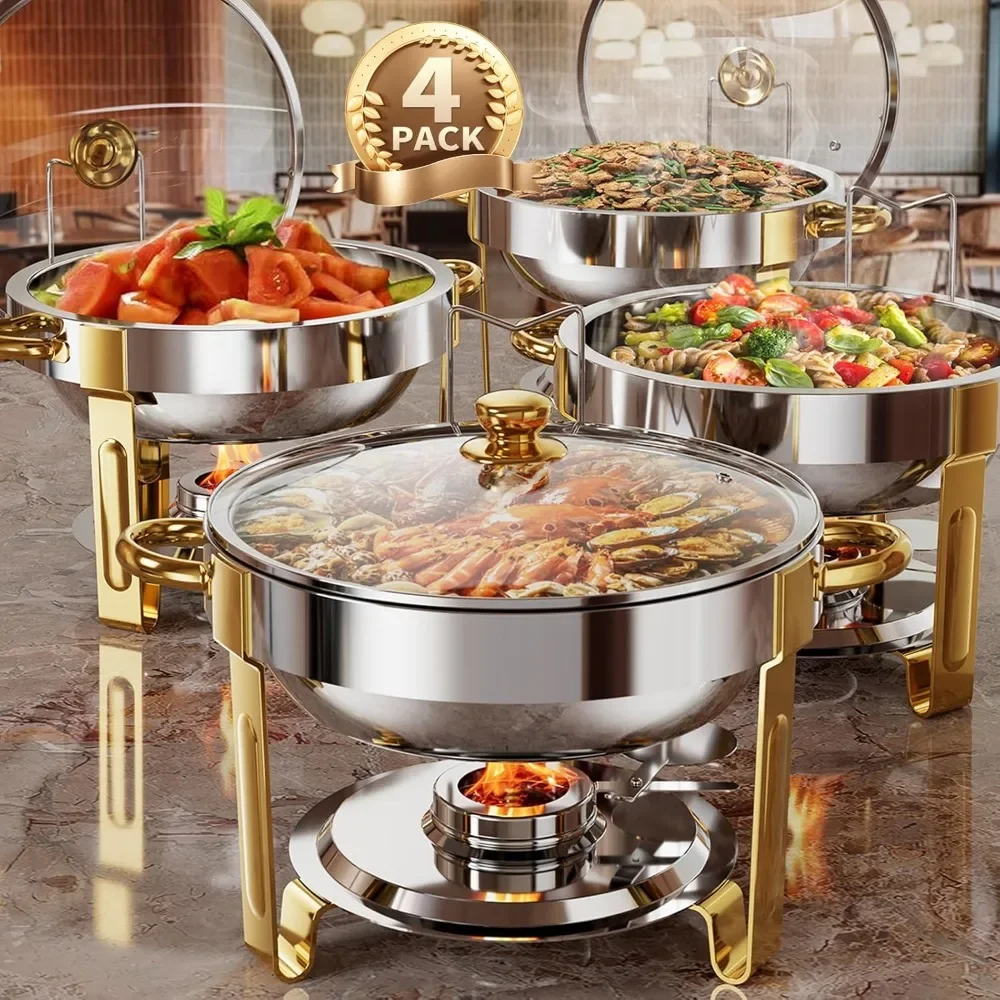 Chafing Dishes for Buffet Set of 4, 5QT [95% Pre-Assembled] Round Chafing Dish Buffet Set with Glass Lid & Lid Holder