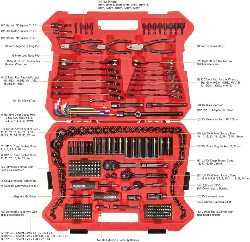 STARWORK TRUE MECHANIC™ 305-Piece Mechanics Tool Set, 120T, 2-IN-1 Reversible Ratcheting Wrench, Professional Metric Set