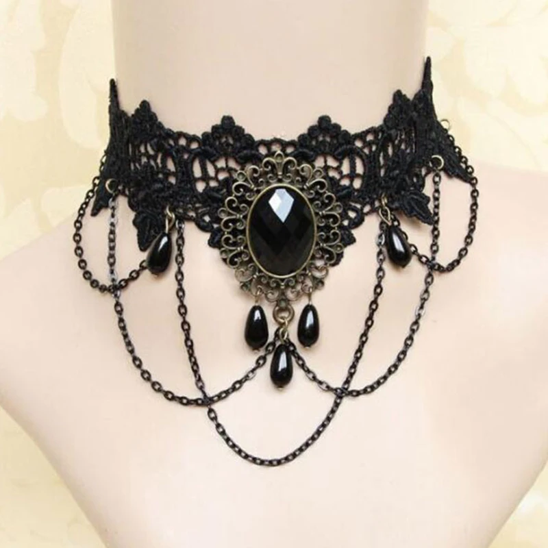 New Sexy Gothic Chokers Crystal Black Lace Neck Choker Necklace Vintage Victorian Women Chocker Steampunk Jewelry