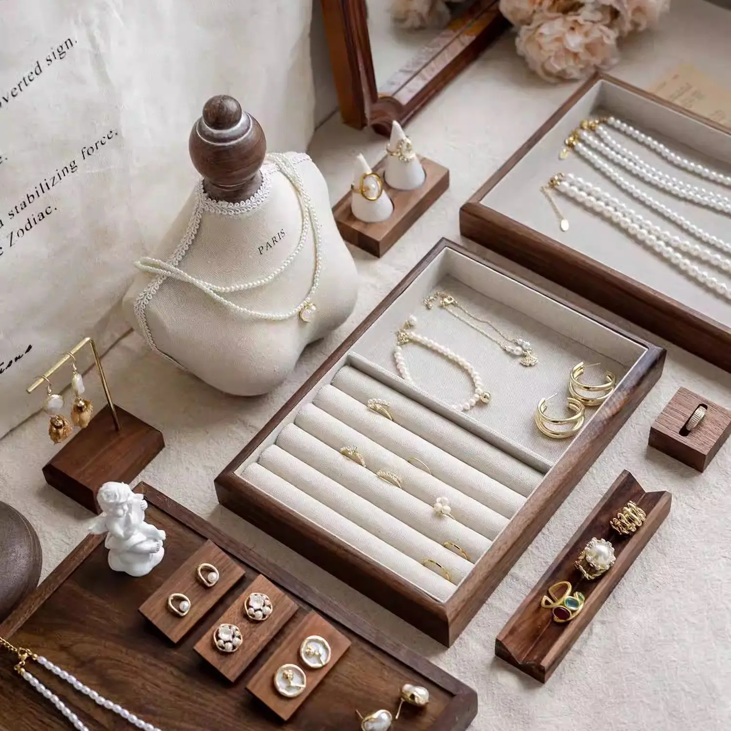

Jewellery Tray Display Walnut Box Jewelry Storage Ring Necklace Display Tray Photography Decoration Props