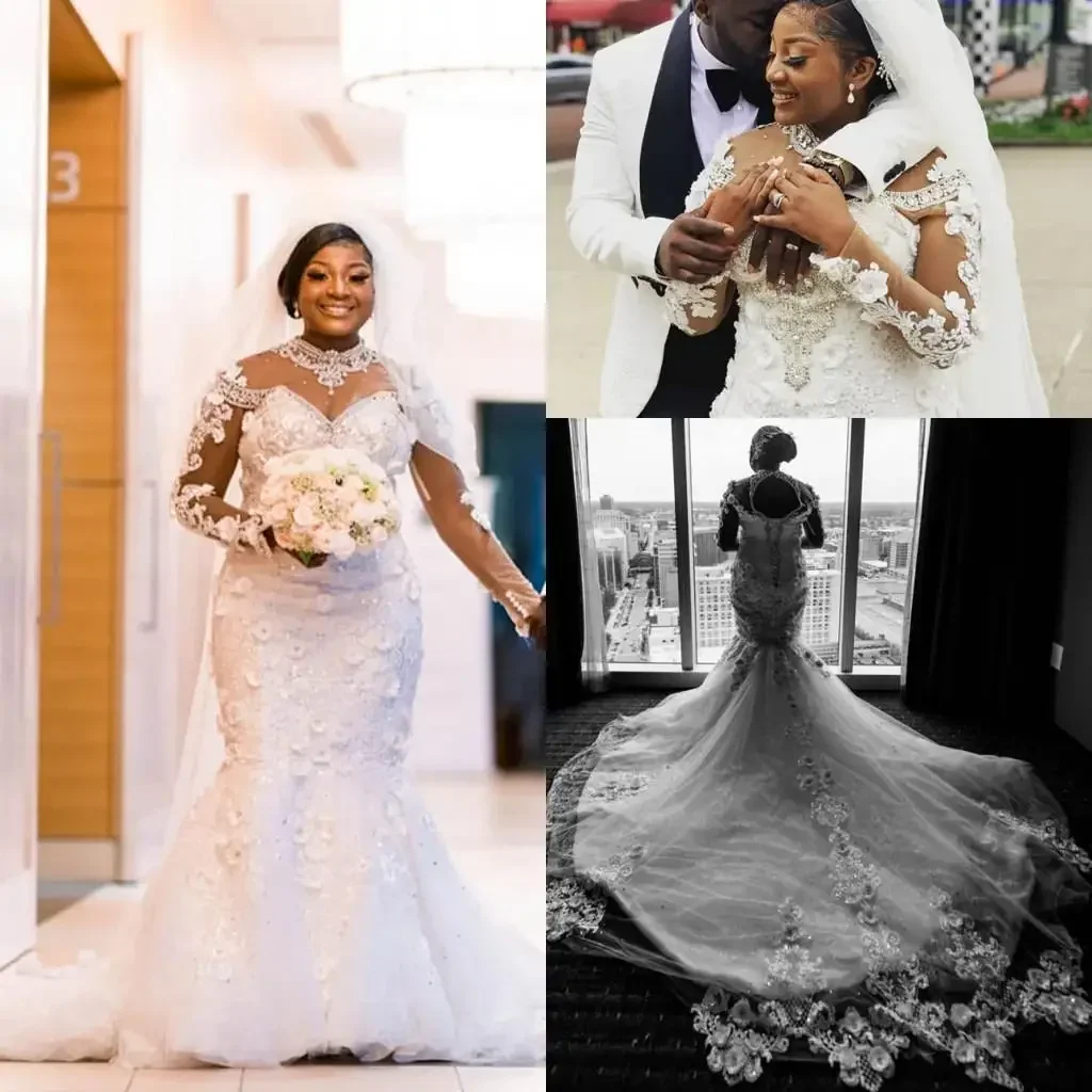 맞춤 제작된 멋진 하이넥 크리스탈 비딩 머메이드 웨딩드레스 플러스 사이즈 여성용 로브 마리아쥬