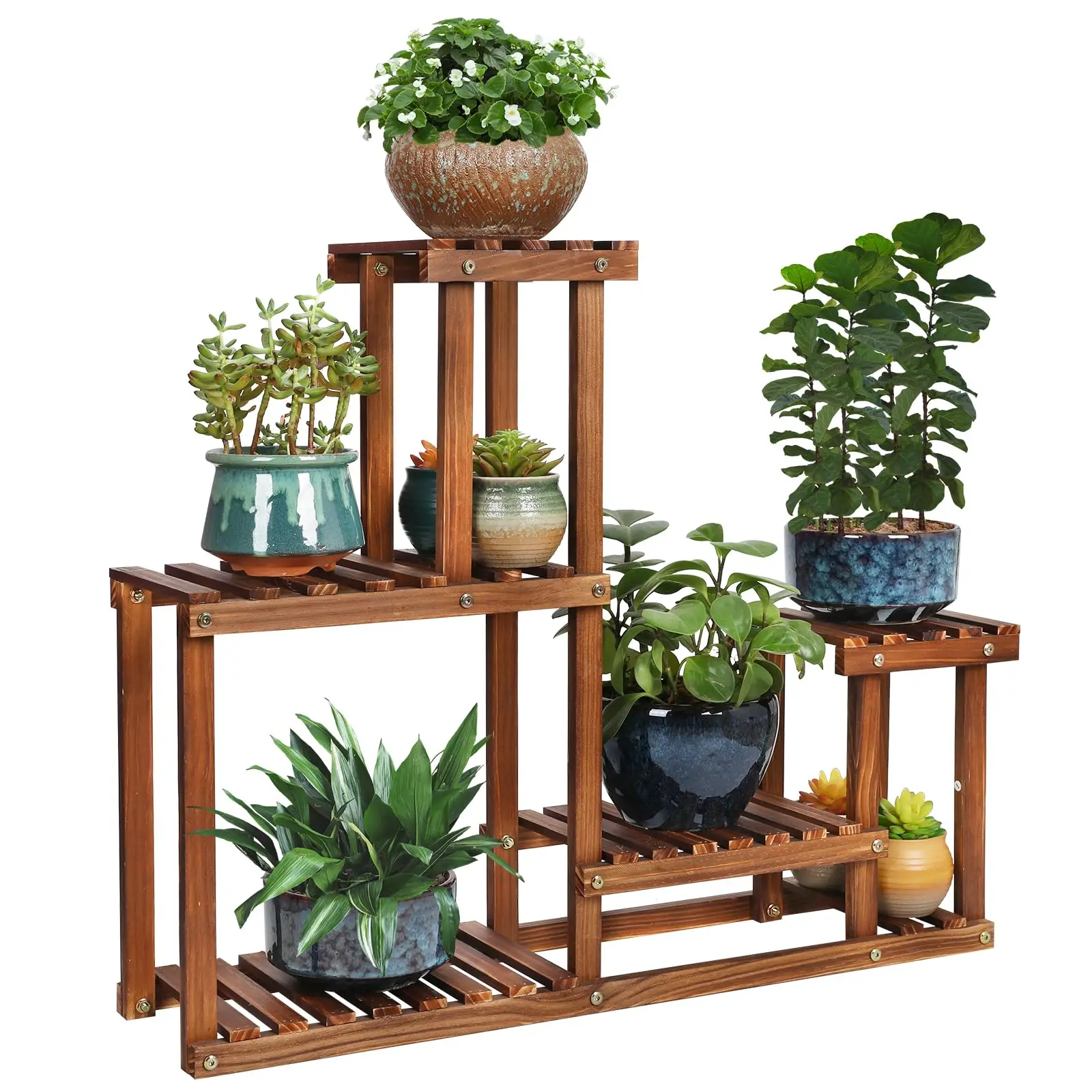 

Pine Wood Four-Layer Indoor/Outdoor Plant Stand Wooden Flower Shelf Rack Higher/Lower Garden Balcony Living Room Storage Holder