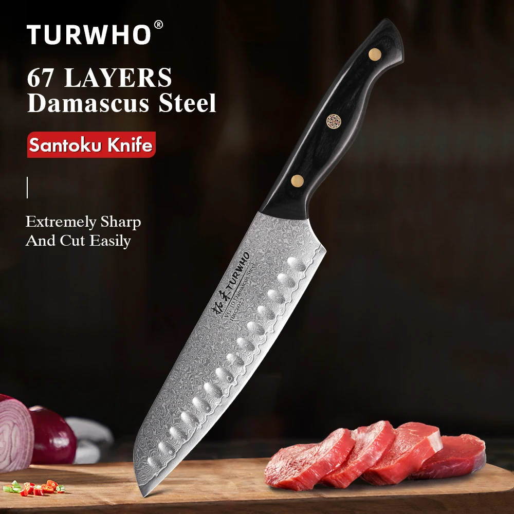 TURWHO 7 Inch Santoku Knife Damascus Steel Professional Kitchen Knives Japanese Chef Knife Vegetable Meat Slicing Cooking tools