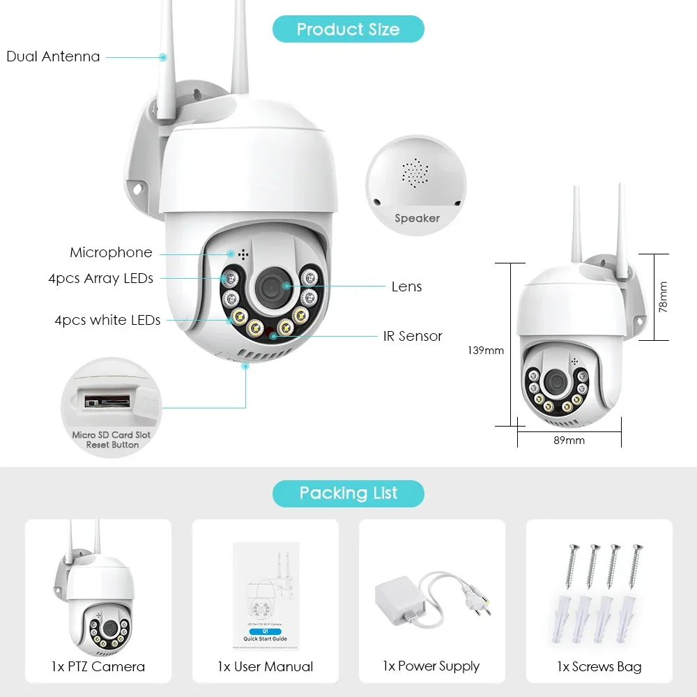 Caméra de surveillance extérieure PTZ IP WiFi HD 2MP/3MP/4X (ICSee), dispositif de sécurité sans fil, avec IA, IA et poignées