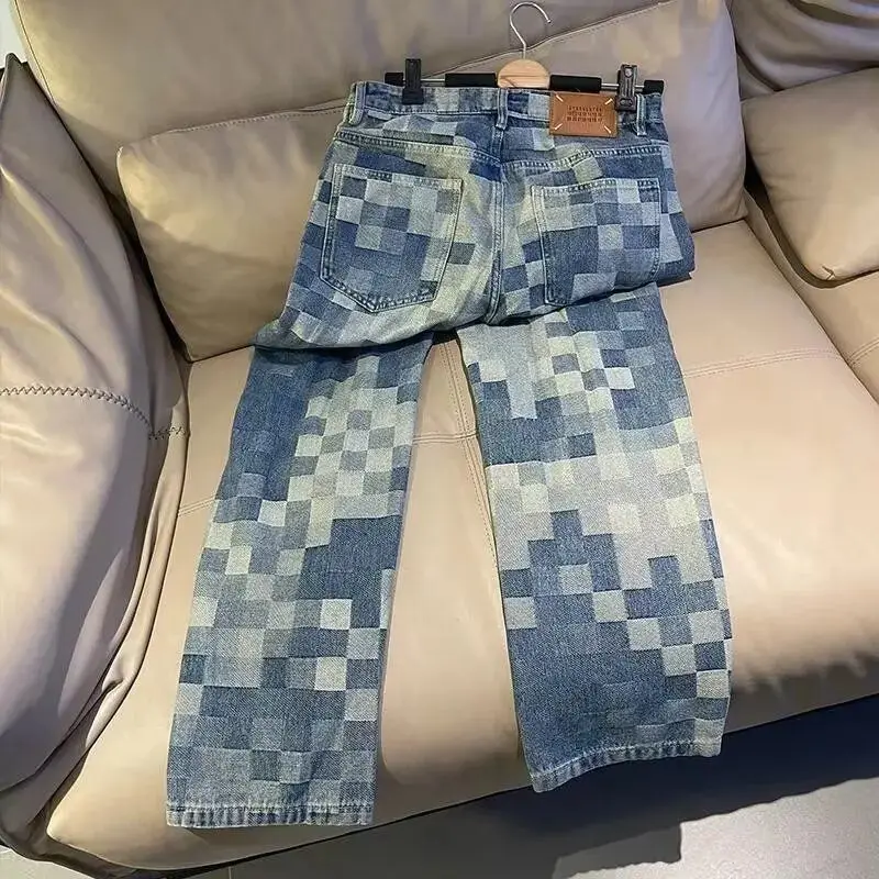 

Mosaic Chessboard Jeans Loose Trendy Brand Ruffian Handsome Fried Street Versatile Hip-hop Straight High Street Plaid Pants