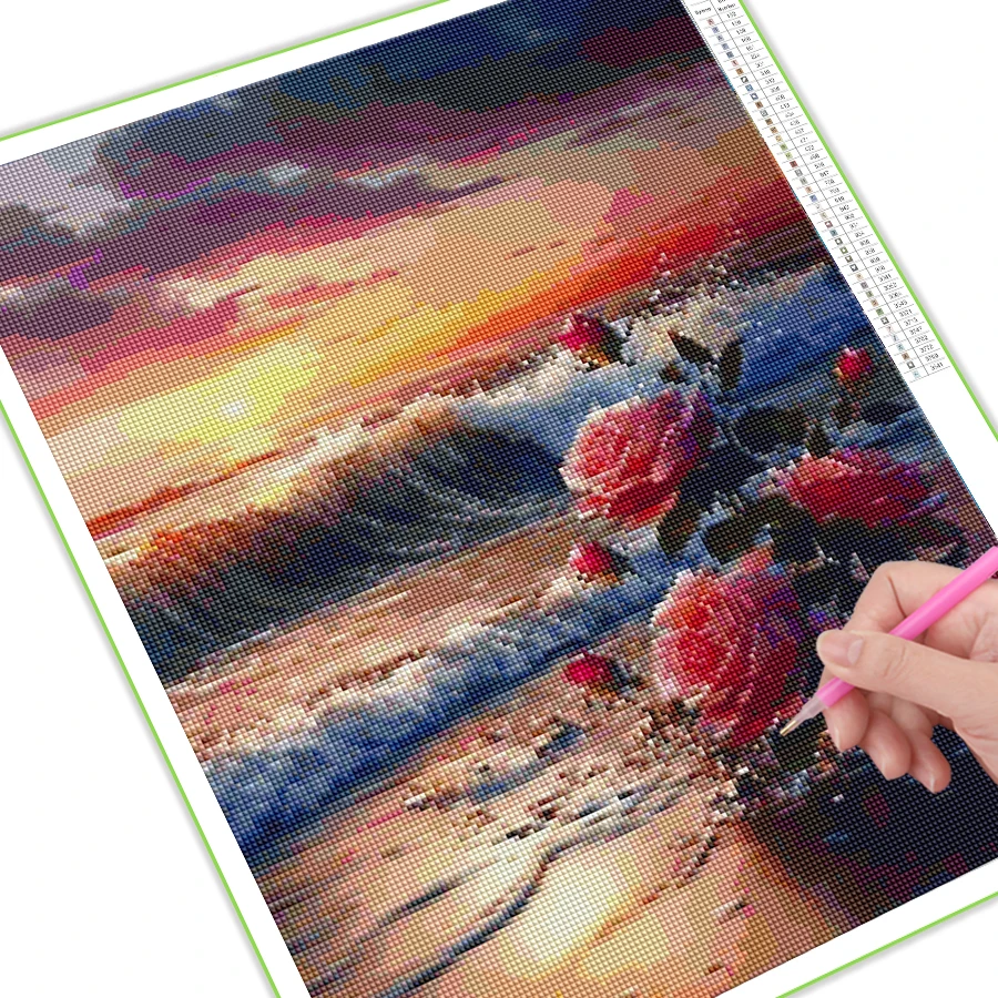 Diamond Painting Winter Seaside Roses Diy Full Mosaic Sunset Scenery Snow Rhinestone Embroidery Floral Picture Wall Decor AA4833