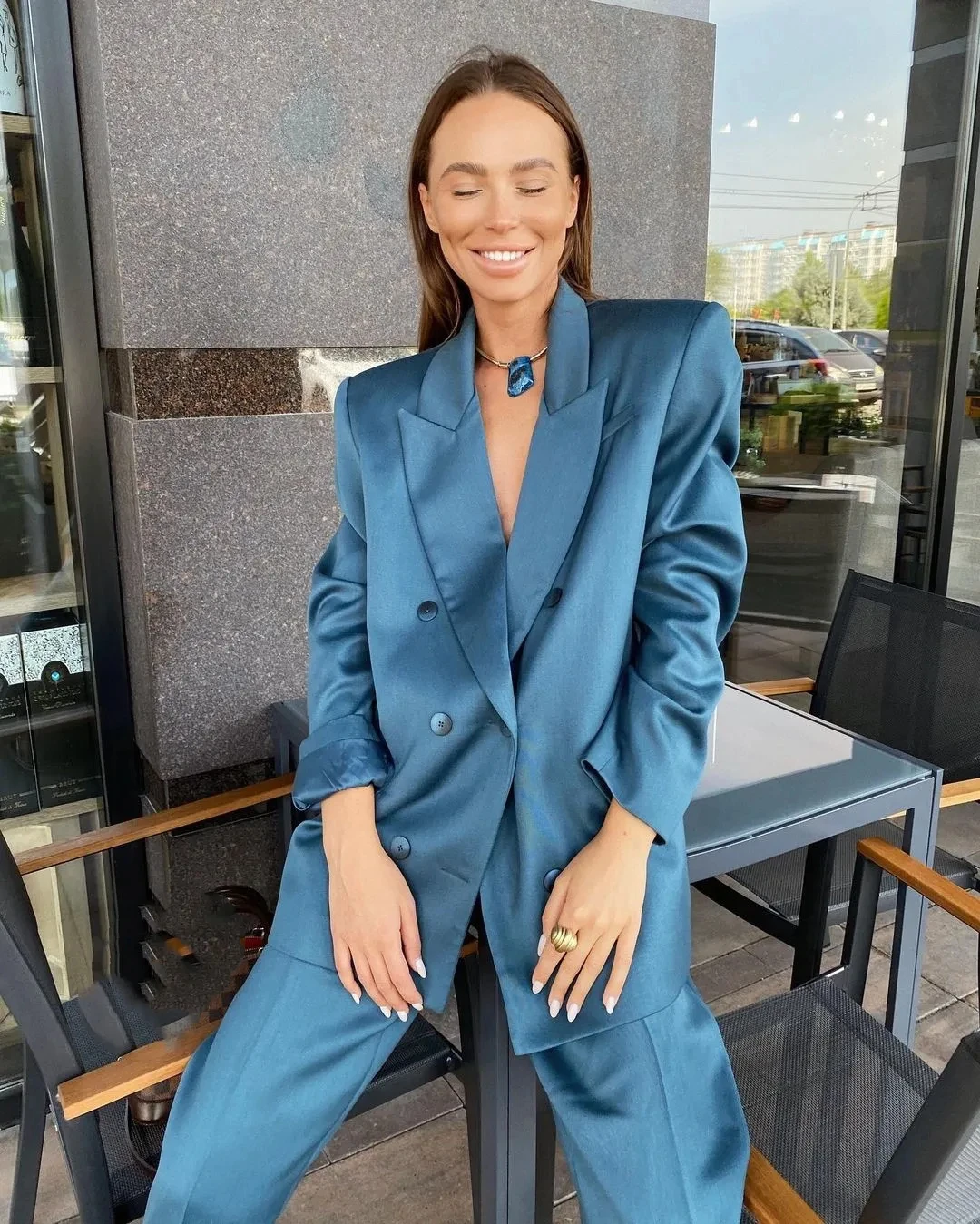 Allingentle Blue Silk Satin Women's Suit Slim Fit Business Pantsuit 2 Piece Suit Elegant Outfit  for Casual Office Customize