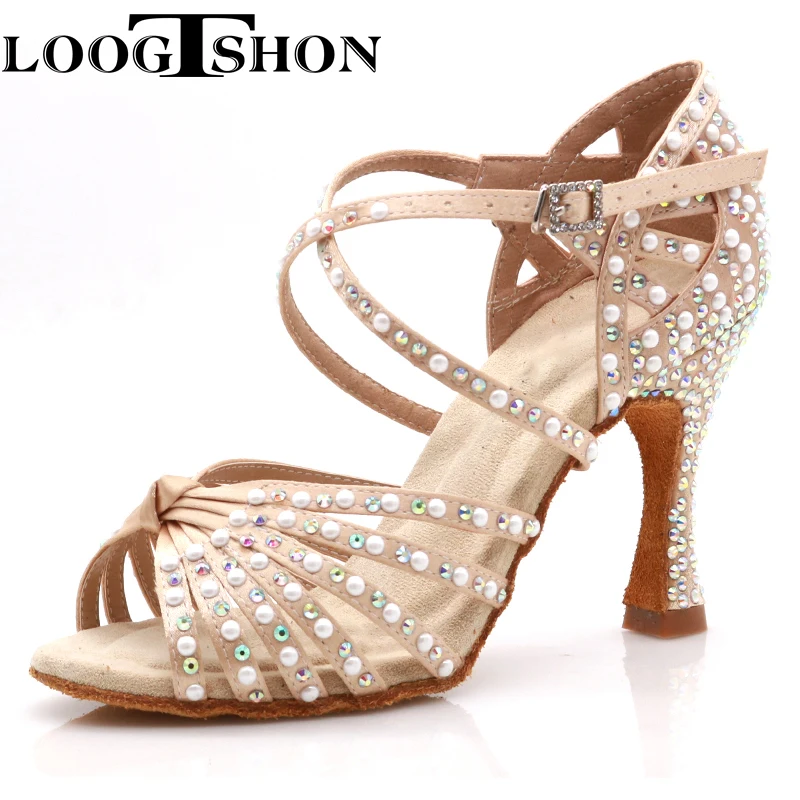 Loogtshon Satin dance shoes with crossed straps, 7 bands, completely covered with two-dimensional crystal rhinestones,suitable