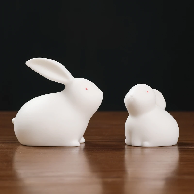 0041 Handmade Ceramic Cute Bunny Ornaments Jade Hare a Pair of Desktop Mini Decorations Mascot Birthday Gift Chinese Ceramics