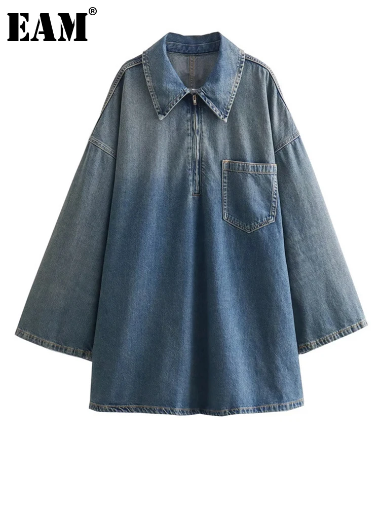 [EAM] Women Blue Gradual Color Denim Casual Mini Shirt Dress New Lapel Long Sleeve Fashion Tide Spring Autumn 2024 1DH5425