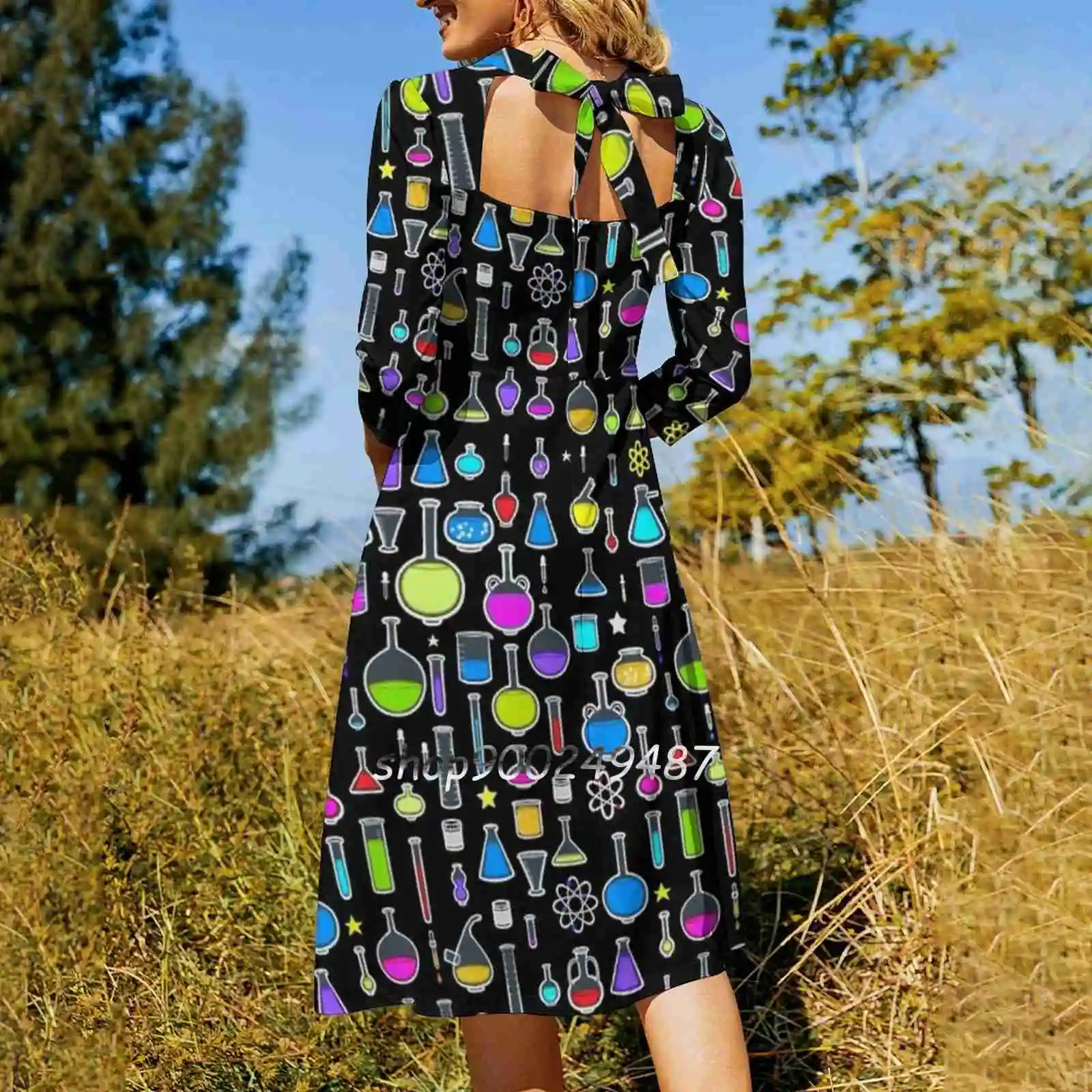 Beakers Flare Dress Square Neck Dress Elegant Female Fashion Printed Dress Beaker Chemistry Lab Laboratory Experiment Chemicals