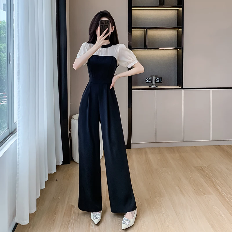 Summer New High Waist Wide Leg Jumpsuit Women Elegance Fashion Slim Black Rompers