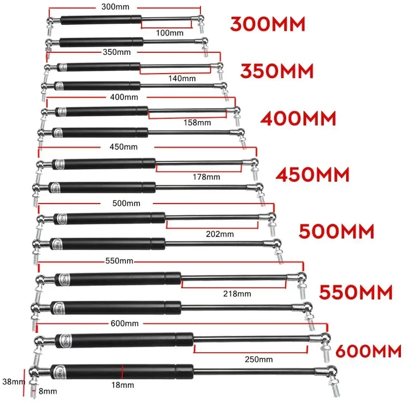 2x Rod Gas Spring 300mm/350mm/400mm/450mm/500mm/550mm/600mm Folding Hinge 300N Force Lift Support Hole Center Distance