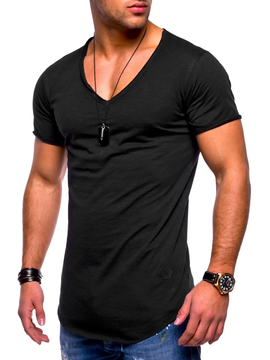 Men's T-shirt  Explosion Models Large Size Men's V-neck Stretch Solid Color Short Sleeve Youth Base Shirt Factory Direct Vest