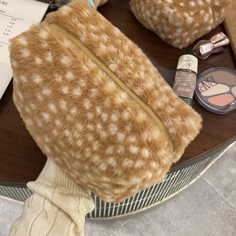Make-up-Aufbewahrungstasche, Hirsch-/Elch-Plüsch-Kosmetiktasche mit Leopardenmuster, Damen Herbst/Winter Toilettentasche, Clutch-Geldbörse – Detail 7