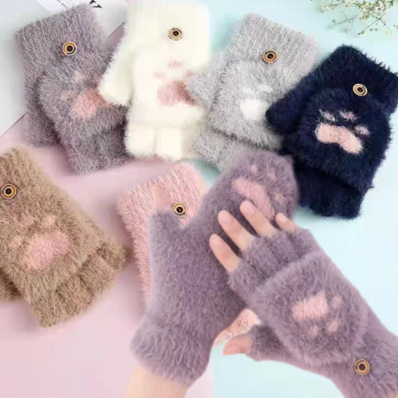 

Winter Plush Half Finger Gloves Women Girl Fluffy Bear Cat Plush Paw Claw Cute Fingerless Gloves Lovely Thicken Warm Mitten Gift