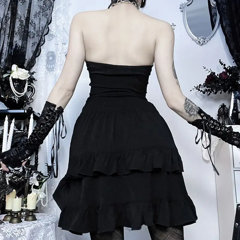 Women Solid Color Gothic Punk Irregular Skirts Summer Fashion Drawstring Tie-Up Ruched Ruffles Mini Skirt Black