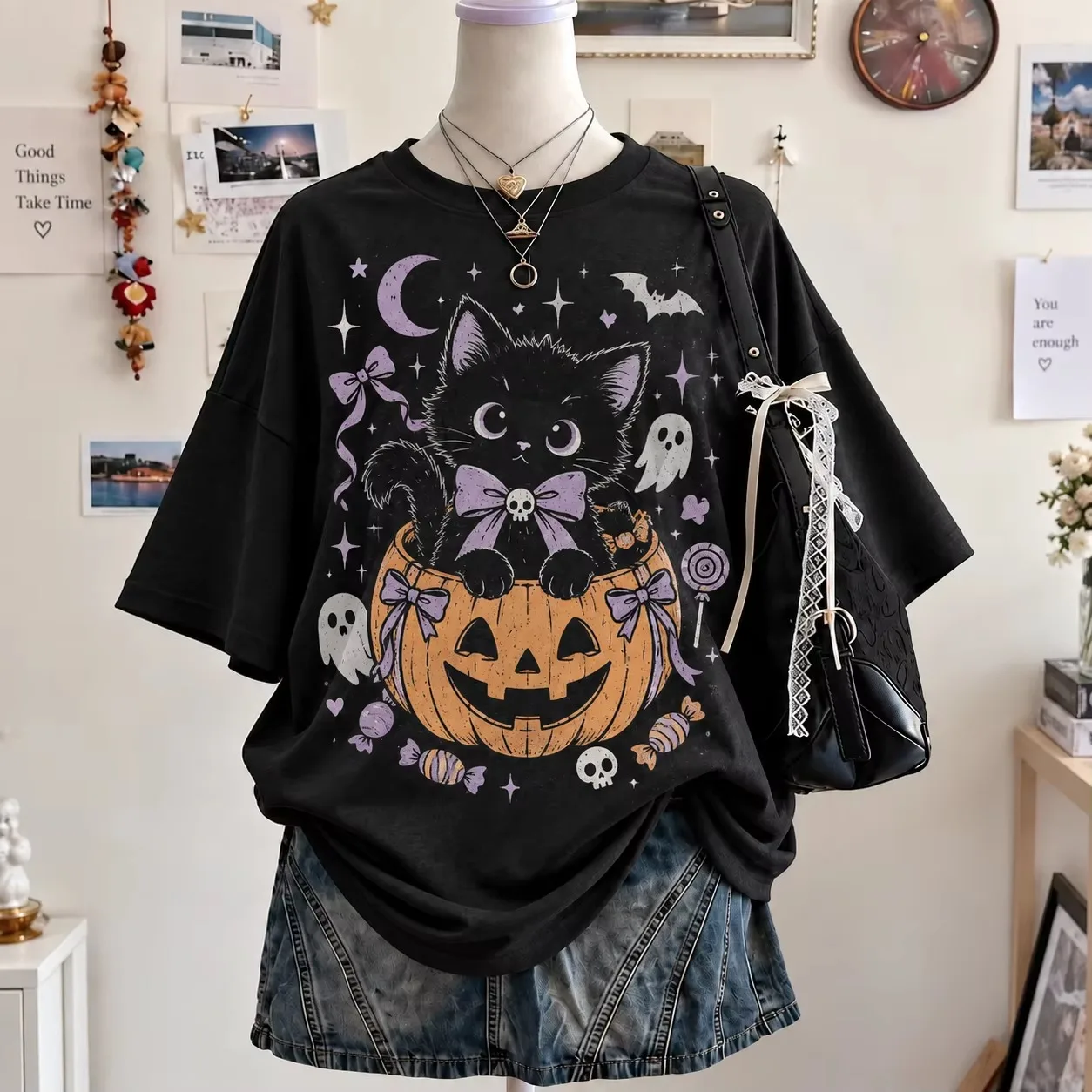 Cute Pastel Ghost Halloween T Shirt Pink Purple Candy Bow Pumpkin Graphic Short Sleeve Tee