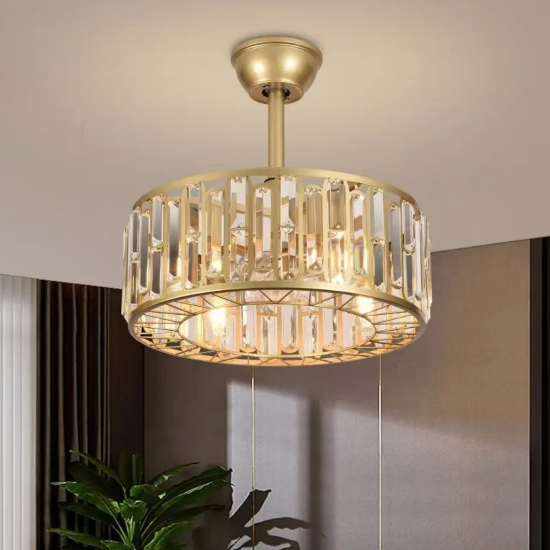 American Ceiling Fan Light Wrought Iron Lampshade Frequency Conversion Remote Control Crystal Fan Lamp Dining Room Bedroom Foyer