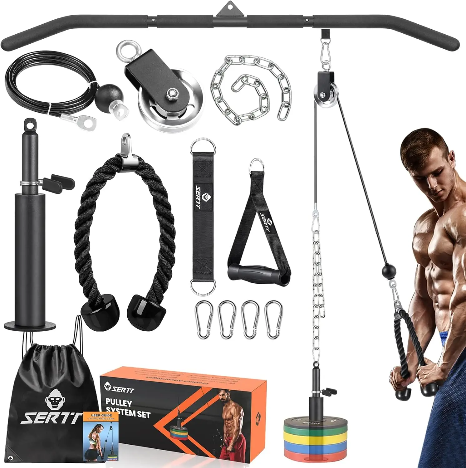 

Cable Pulley System for Home Gym with 2-in-1 Lat Bar and Loading Pin, Ideal for Triceps, Biceps, Back Workouts