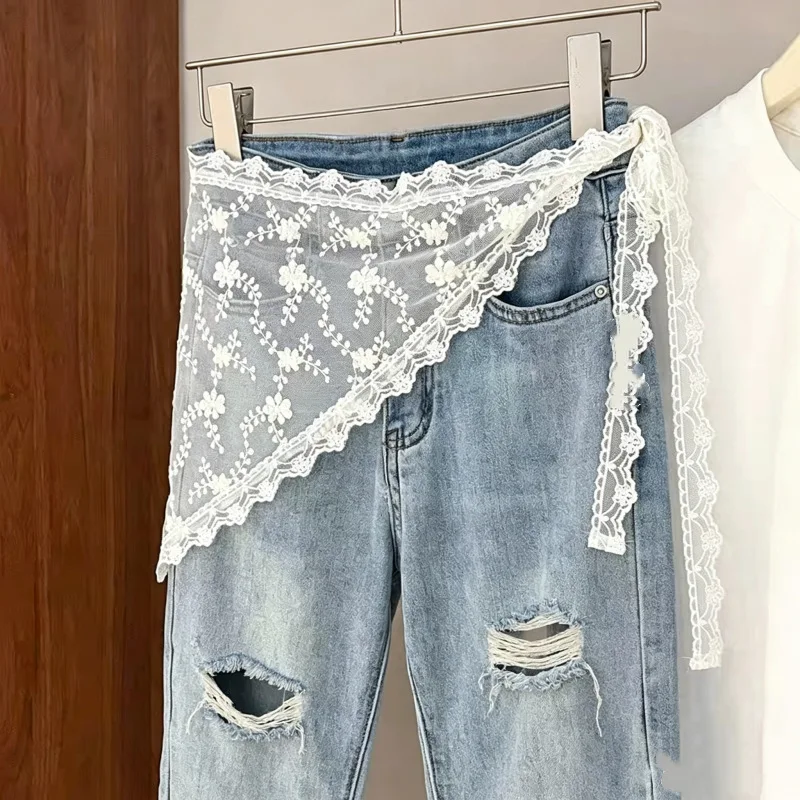 Lace Waist Scarf White Boho French Retro Sheer Layering Wrap for Dresses Skirts Spring Summer Women Premium Quality