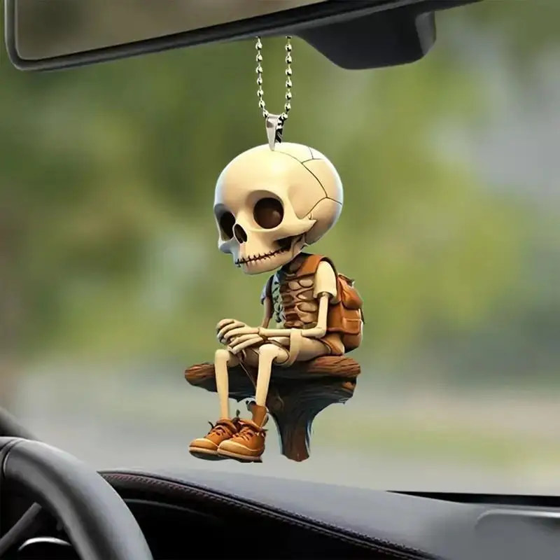 2D Acrylic Car Hanging Ornament Skeleton Figurines Halloween Skeleton Doll Pendant Car Rearview Mirror Pendant