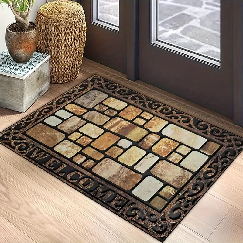 Vintage Pebble Pattern Welcome Doormat - Anti-Slip Stain-Resistant Entrance Rug for Clean Safe Floors Perfect for Home Decor