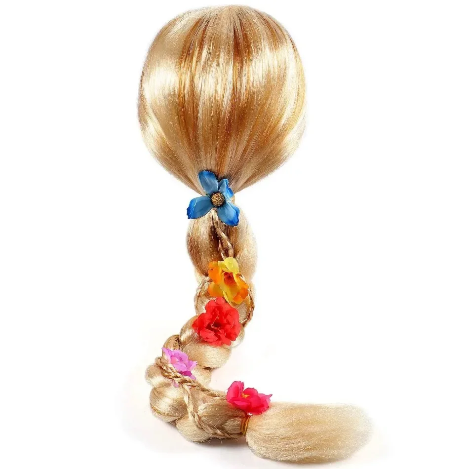 Children Princess Cosplay Wig Girls Rapunzel Dress Up Flowers Long Braid Wig Tangled Big Hair Braid Wigs Rapunzel Accessorie