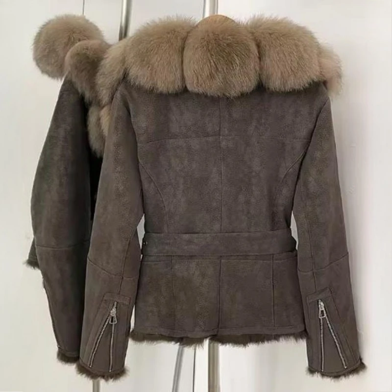 Chaqueta de ante para mujer con cuello de piel de zorro auténtica, cinturón y forro de piel de conejo natural, abrigo de invierno grueso y cálido
