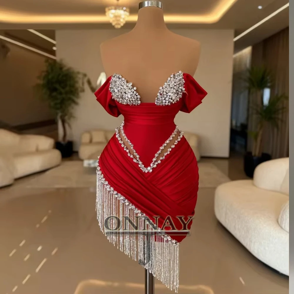 

Luxury Bodycon Homecoming Dresses Mini Tassel Saudi Arabric Pearls Cocktail Prom Party Gown Vestidos De Noche Customized