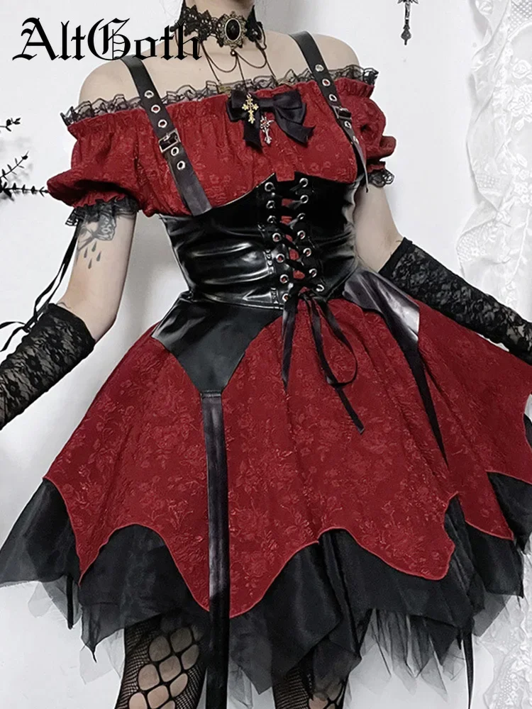 New AltGoth Dark Gothic Dress Women High Waist Lace Patchwork Puff Sleeve Vintage Dresses Harajuku Fairycore  Streetwear Dresses