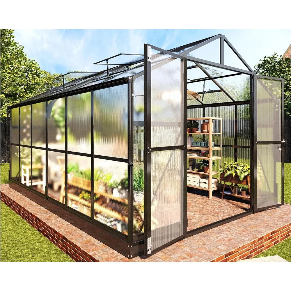 

Black Polycarbonate Greenhouse, 8x12 Feet with Quick Connect Accessories, Walk-in Large Aluminum Greenhouse with Revolving Door