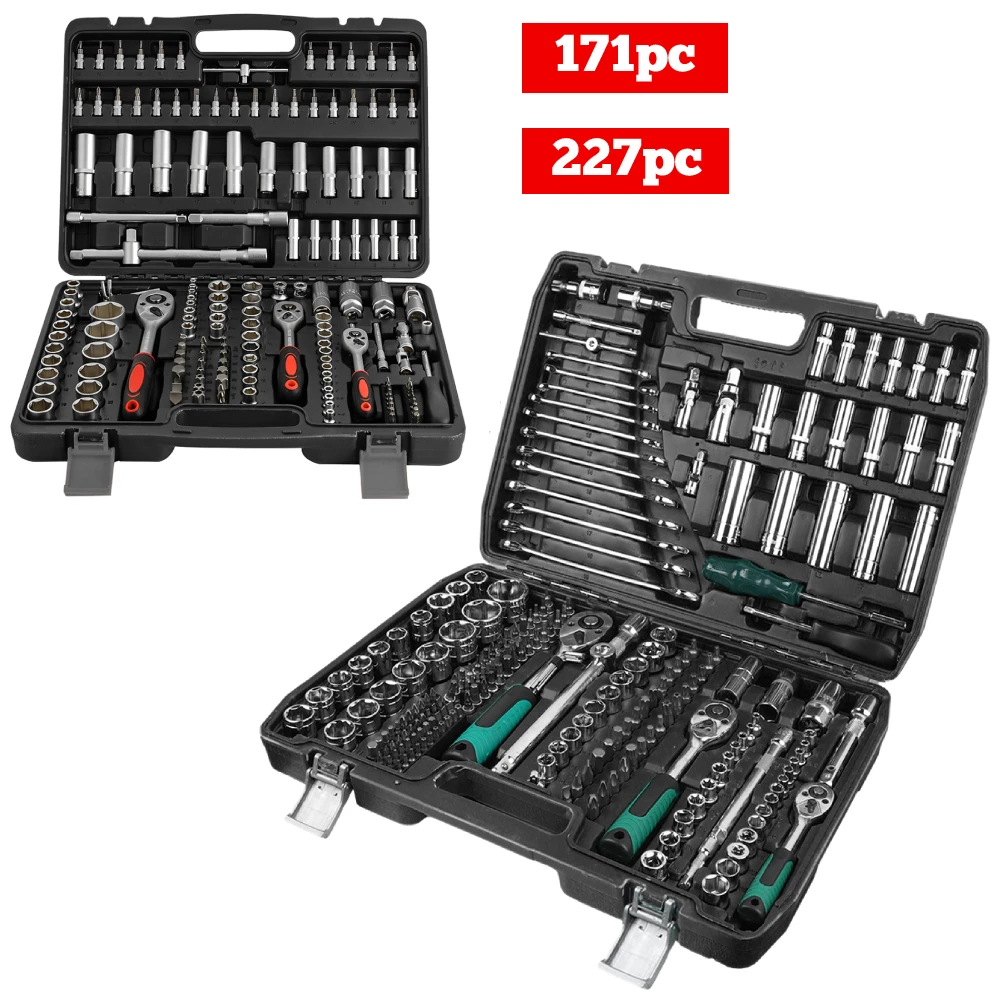 [EU Stock] 171pcs/227pc Ratchet Wrench Set Auto repair Tool 72-tooth Chromium vanadium steel ratchet wrench professional tool