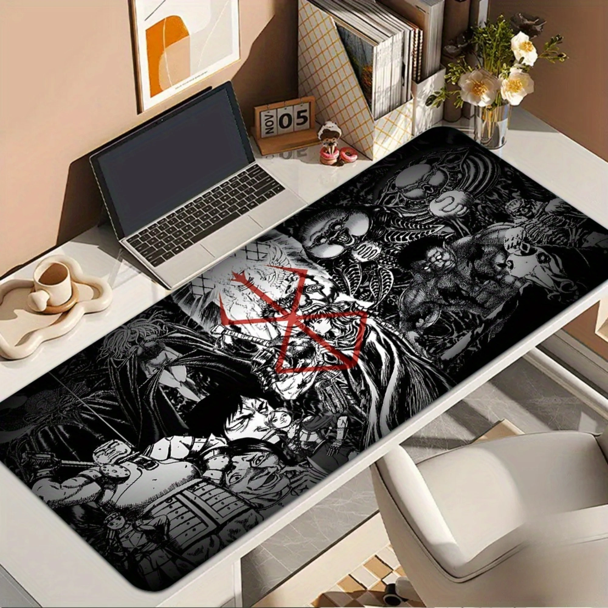 Black & White Dark Anime Collage Large Gaming Mouse Pad, Non-Slip Rubber Base, Waterproof Desk Mat for Gamers & Home Office