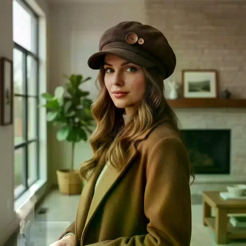 Vintage Corduroy Octagonal Newsboy Cap Soft Face Flattering Women Beret for Autumn Winter Daily Casual Wear
