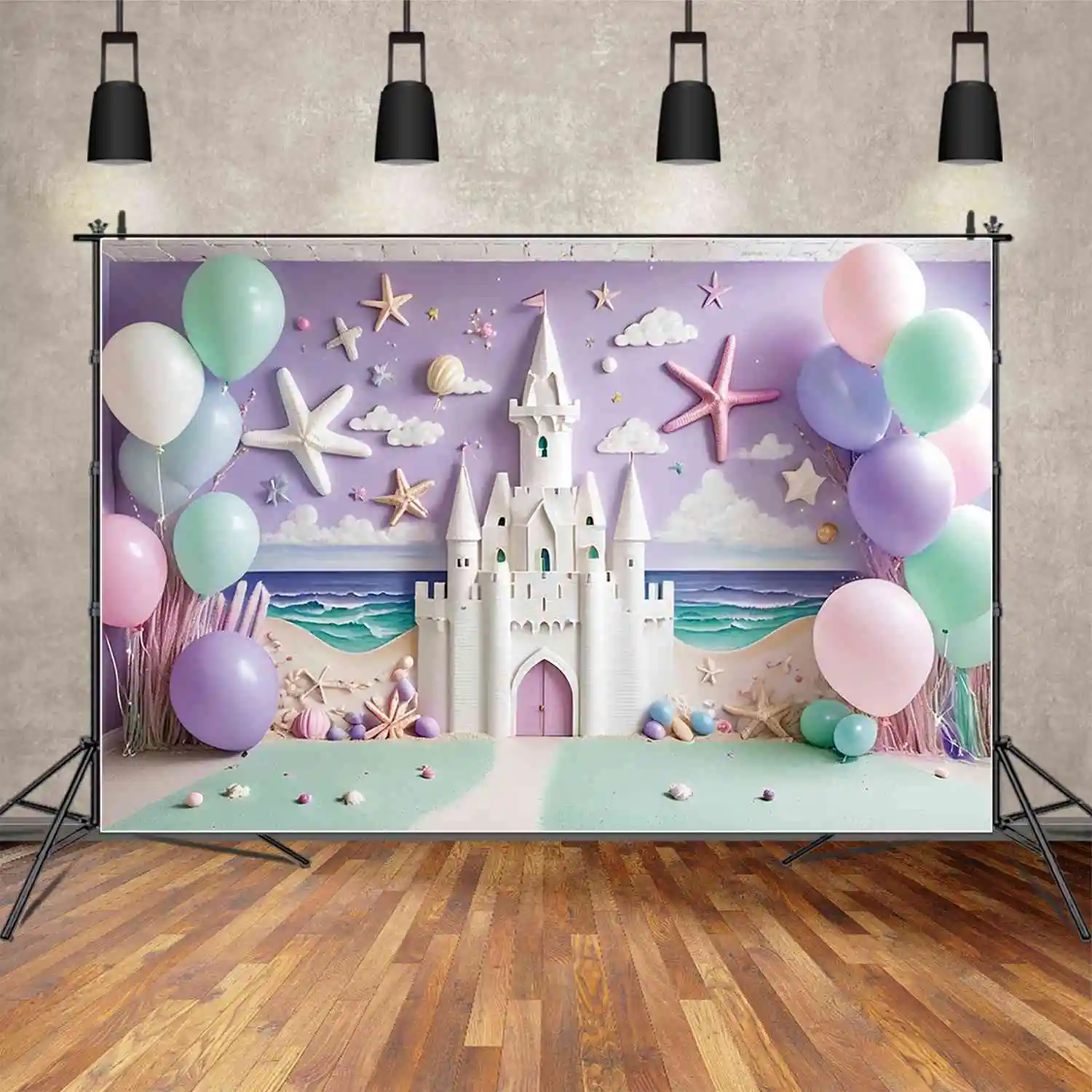 MOON.QG Summer Beach Purple Birthday Year Background Children Fairy Princess Castle Backdrops Party Decoration Photocall Props