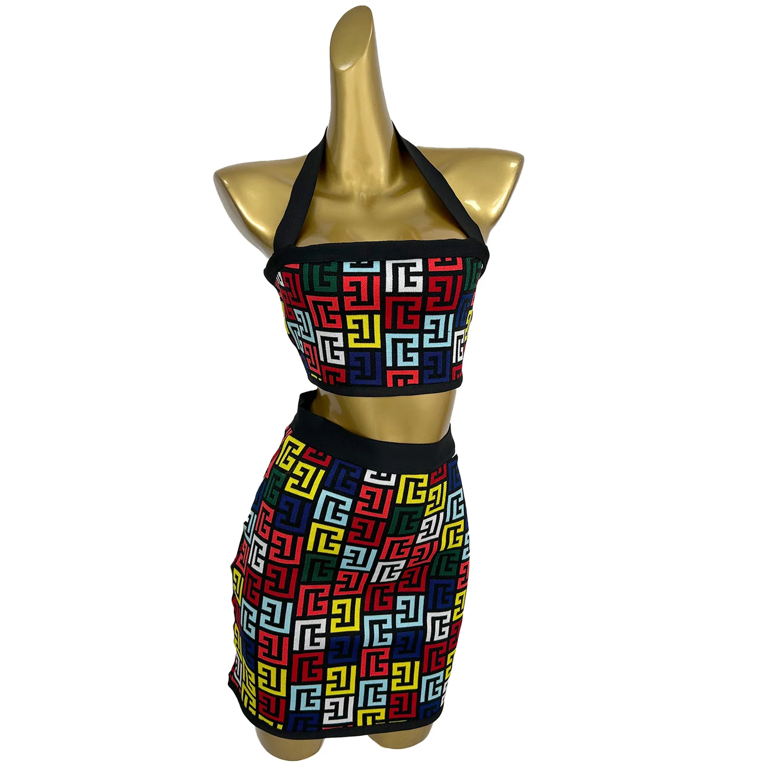 

Fashion Knitted Elegant Evening Dress Sexy Sleeveless Jacquard Short Top Bag Hip Skirt Set Street Photography Clothes KH833