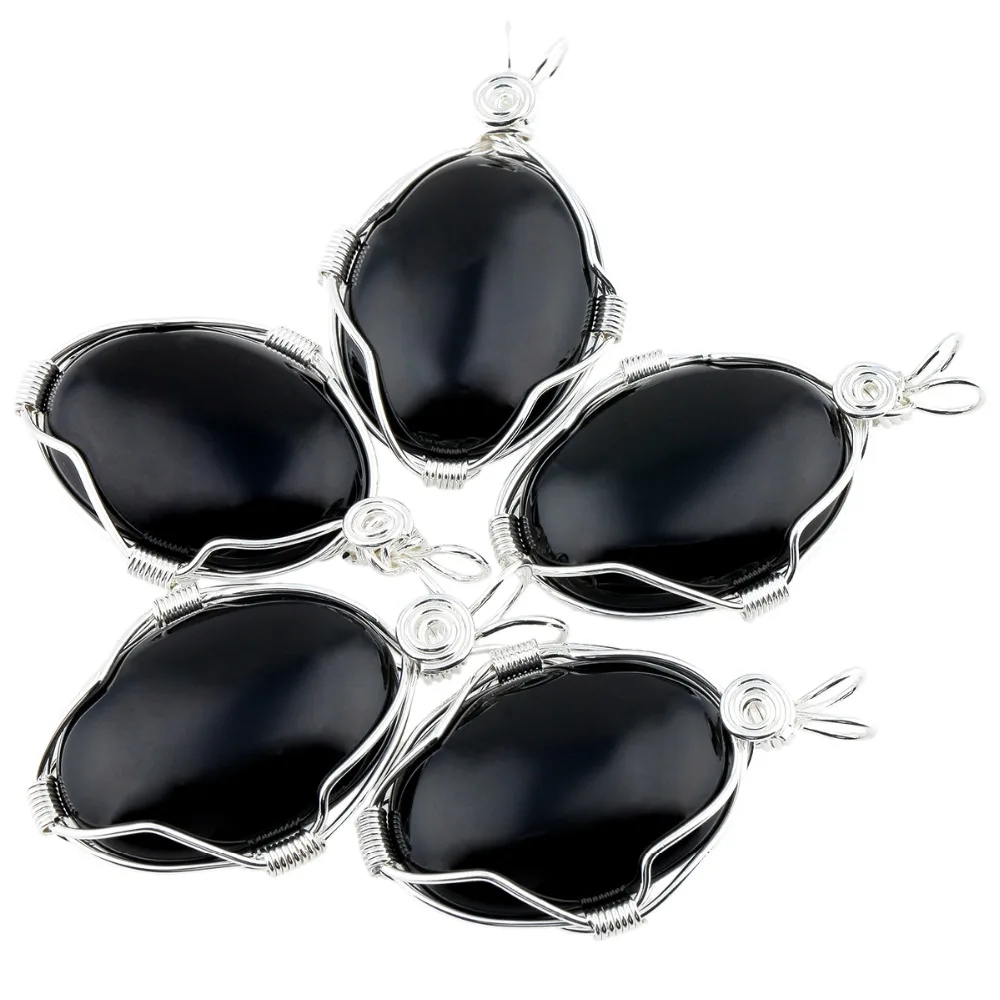 SUNYIK Black Obsidian Oval Pendant Silver Color Alloy Handmade Spring Spiral Shape Wrapped Gem Stone Jewelry For Women Necklace