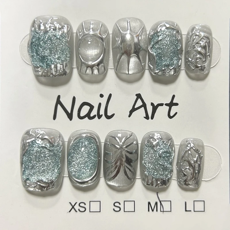 10 Pieces Irregular Metal Shape Handmade Press On Nails Butterfly Short Cat Eye Fake Nails Removable Reusable