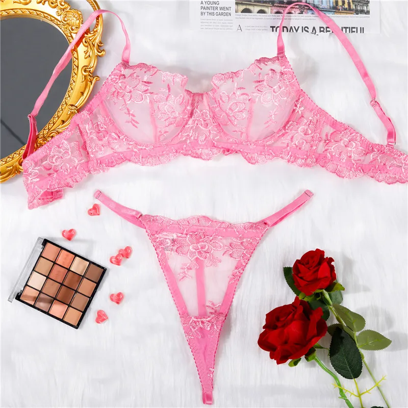

Бюстгальтер с вышивкой, короткие комплекты, цветы, кружево, розовое сексуальное женское белье, прозрачное нижнее белье, стринги, ультратонкие прозрачные экзотические комплекты