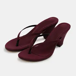 Big Size 42. Flip Flops Burgundy Mule Minimal Shape Round Toe Matte Mid Block Heels Beach Slides Sandal Pumps Shoes For Women