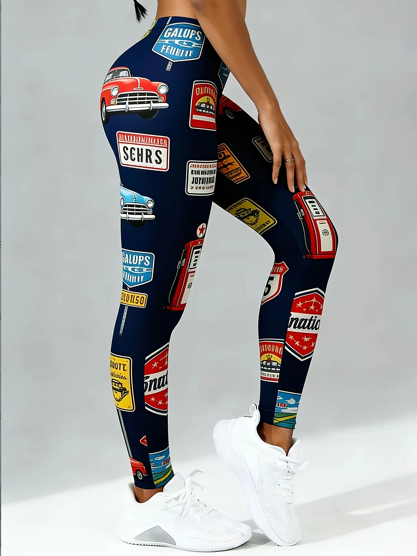 Women Mid Waist Fleece Lined Leggings Retro Car License Plate Print Slim Fit Thermal Winter Pants