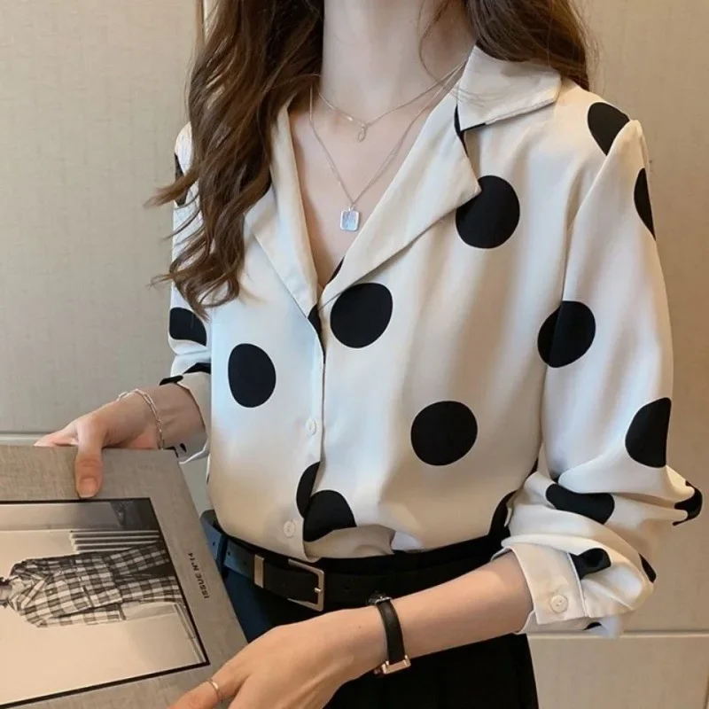 Polka Dot Women\'s Shirt Elegant Lapel Button-up Blouse Long Sleeve Summer  Tops Vintage Casual Female Clothing camisas e blusas