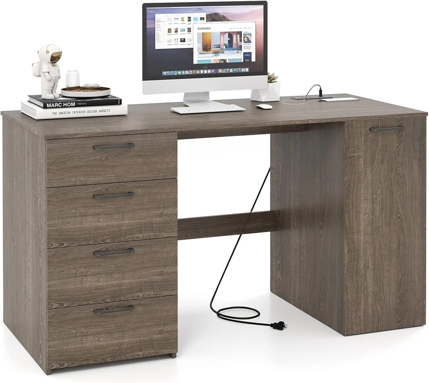 

53" Computer Desk with 4 Storage Drawers & Cabinet, Home Office Desk with Charging Station, 5-Level Adjustable Shelf & C