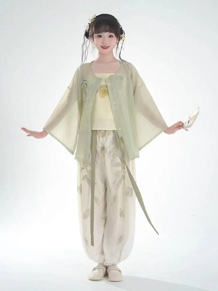 

New Hanfu Women Song System Sleeved Over-dress Short Gown Pleated Skirt Lantern Pants Daily Suspenders